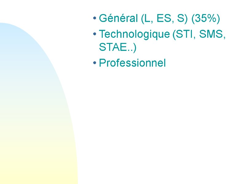 Général (L, ES, S) (35%) Technologique (STI, SMS, STAE..) Professionnel